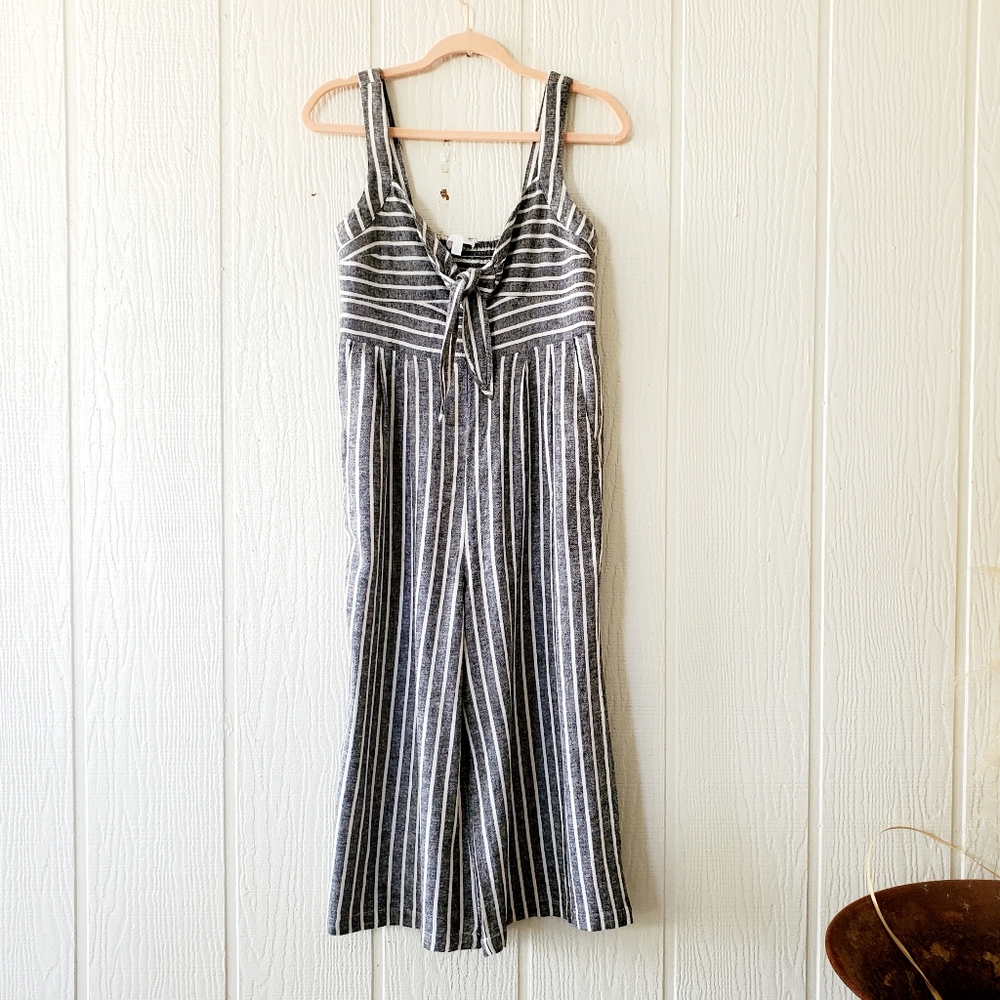 Abound Linen Halter Tie Front Wide Leg Capri Jumpsuit Black Stripes Small